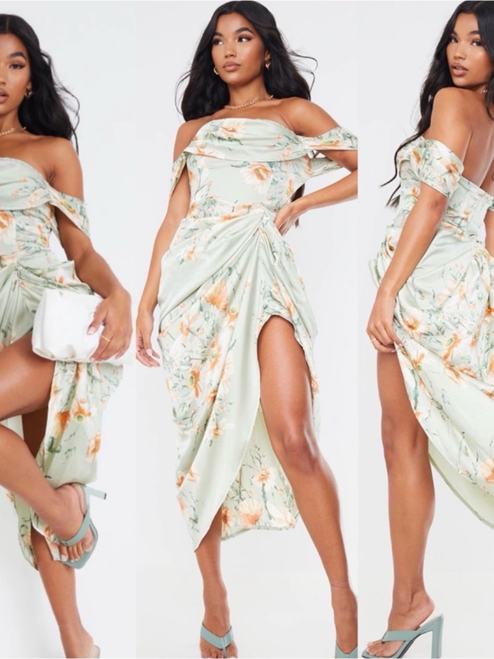 PrettyLittleThing Sage Green Floral High Low Dress - Picture 4 of 4
